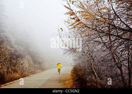 People doing morning exercise in Wuling Mountain, Beijing, China Stock Photo