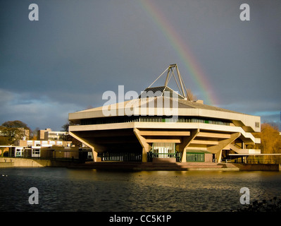 Central Hall designed by by Robert Matthew, Johnson-Marshall & Partners (RMJM) at York University with rainbow. Stock Photo