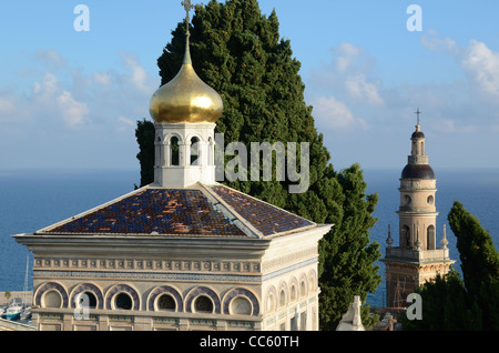 Russian Orthodox Chapel, Mausoleum, Tomb and Tower of Saint Michel's Cathedral from the Old Cemetery or Cimitière du Vieux Château Menton France Stock Photo