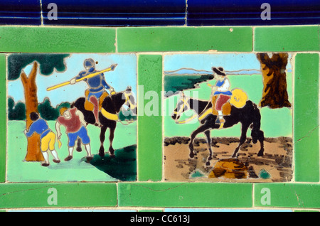 Ceramic Tiles Showing Story of Don Quixote on Round Bench or Rotunda in the Fontana Rosa Garden Menton France Stock Photo