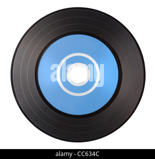 Old vinyl record with blue blank label isolated on white background Stock Photo