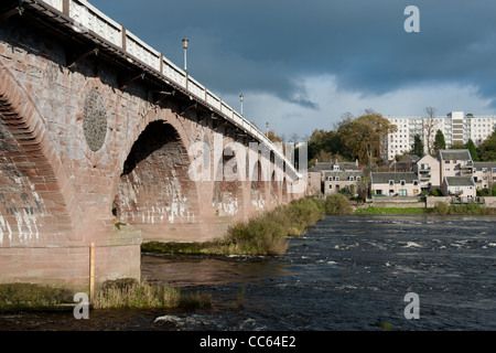 The Smeaton bridge running over the Tay in Perth lit by the evening autumnal sun. Stock Photo