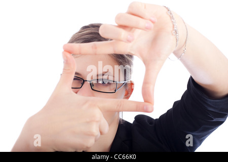 New business vision concept, businesswoman framing her face, isolated on white background. Stock Photo