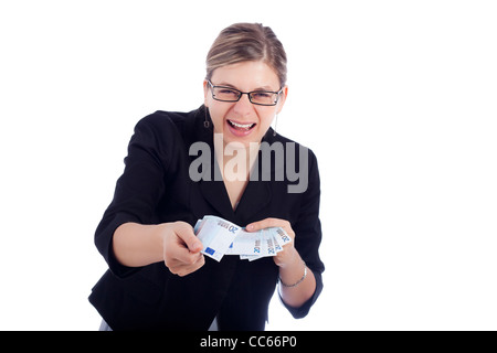 Laughing young business woman holding Euro banknotes, isolated on white background. Stock Photo