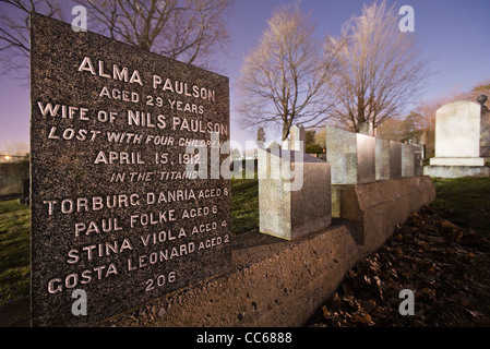 Many victims of the Titanic disaster were buried at Fairview Lawn Cemetery in Halifax, Nova Scotia. Stock Photo