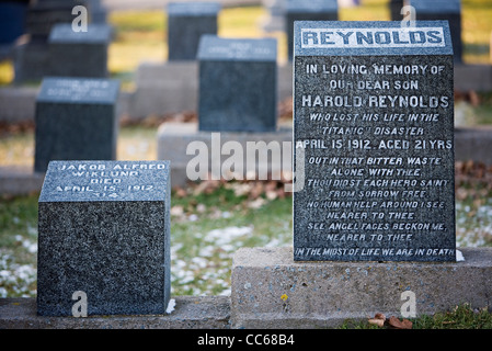 Many victims of the Titanic disaster were buried at Fairview Lawn Cemetery in Halifax, Nova Scotia. Stock Photo