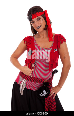 happy young woman dressed with a pirate outfit (isolated on white) Stock Photo