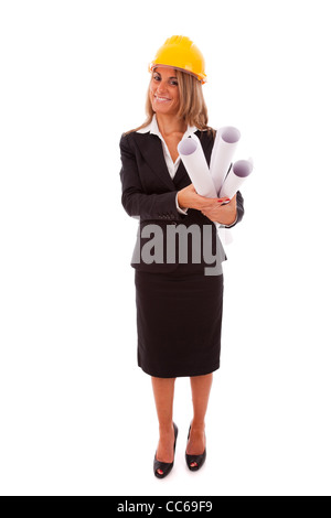 businesswoman with blueprint projects and a construction helmet (isolated on white) Stock Photo