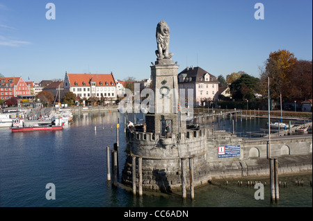 Town Lindau on Lake Konstanz with harbour Lion statue seen from Lighthouse, Germany Stock Photo