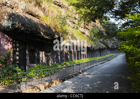 Stone tablets along a footpath, Qingshou Rock, Duqiao Mountain, Yulin, Guangxi , China Stock Photo