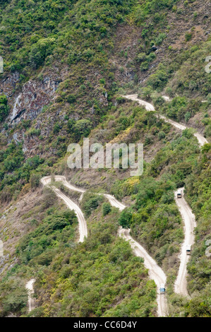 Switchback road up to Machu Picchu unesco world heritage site ancient Inca remains ruins, Aguas Calientes Peru. Stock Photo