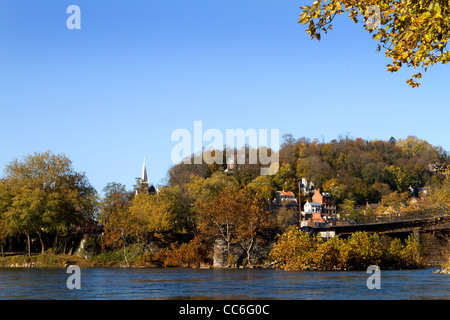 Town of Harpers Ferry National Historical Park in West Virginia as seen from Maryland looking across the Potomac River. Stock Photo