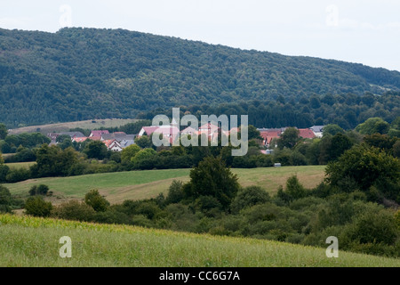 View of Auritz-Burguete from fields, Western Pyrenees, Spain Stock Photo