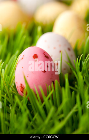 Close-up of pastel colored Easter eggs on grass Stock Photo