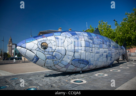 'The Big Fish' salmon sculpture by John Kindness, Belfast Waterfront, Belfast, County Antrim, Northern Ireland. Stock Photo