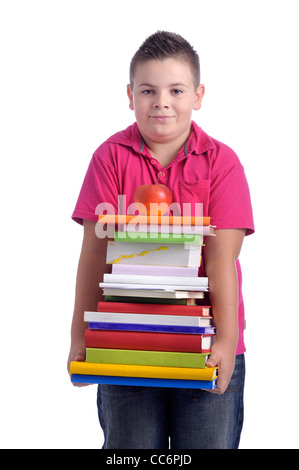 boy with stack of books. Isolated on white background Stock Photo