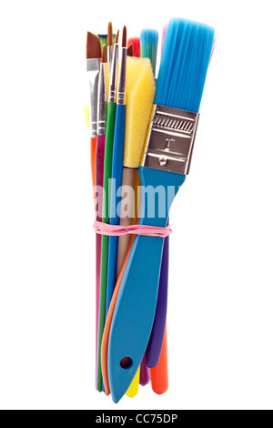 Assorted mixture of paint brushes bound with an elastic band Stock Photo