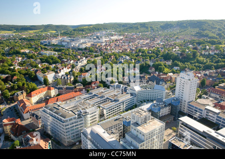 View from the Jentower skyscraper on the Ernst-Abbe Platz square and the companies Carl Zeiss, Jenapharm and Schott, Jena Stock Photo