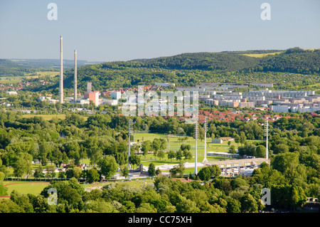 View from the Jentower skyscraper on the Ernst-Abbe Stadion stadium and the combined heat and power plant, Jena Stock Photo