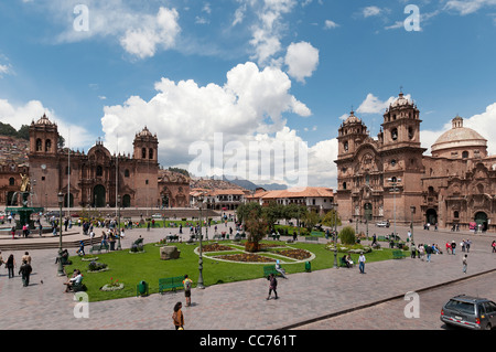 Cusco, Peru. Plaza de Armas, The Cathedral of Santo Domingo on the left and the church of the Society of Jesús on the right Stock Photo