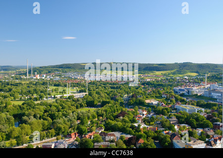 View from the Jentower skyscraper on the Ernst-Abbe Stadion stadium and the combined heat and power plant, Jena Stock Photo