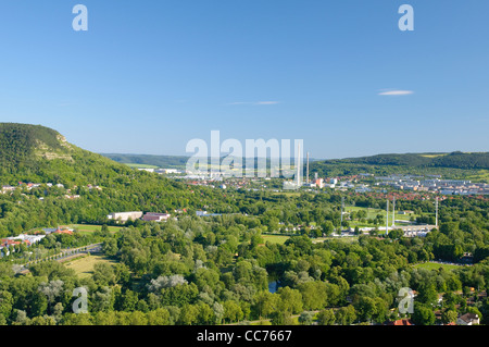 View from the Jentower skyscraper on the Ernst-Abbe Stadion stadium, the combined heat and power plant, Jena Stock Photo