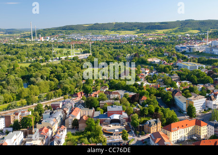 View from the Jentower skyscraper on the Ernst-Abbe Stadion stadium, the combined heat and power plant, and the theater, Jena Stock Photo