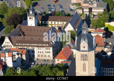 View from the Jentower skyscraper to the Church of St. Michael and the main building of the Friedrich Schiller University, Jena Stock Photo