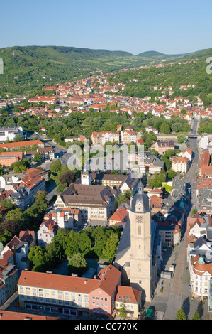 View from the Jentower skyscraper on the Church of St. Michael and the main building of the Friedrich Schiller University, Jena Stock Photo