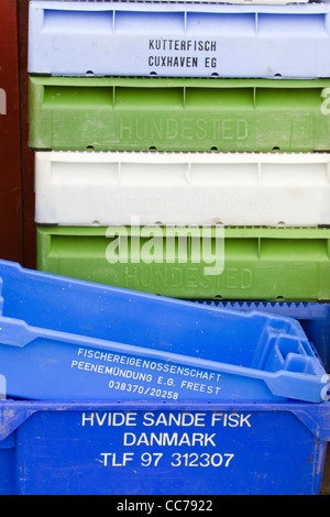 Fish Boxes, stacked in harbour Gilleleje, Sjaelland, Denmark Stock Photo