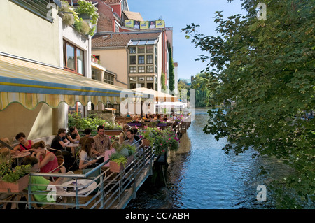 Cafe on the River Gera, Erfurt, Thuringia, Germany, Europe Stock Photo