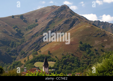 Church & mountain, Saint-Etienne-de-Baigorry, France Stock Photo