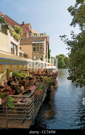 Café on the River Gera, Erfurt, Thuringia, Germany, Europe Stock Photo