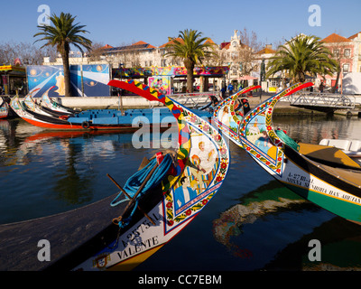 Traditional Moliceiro boats with hand painted bows in Aveiro, Portugal Stock Photo