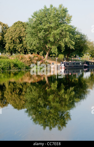 Trees perfectly reflected in the placid waters of the River Avon at Bidbury on Avon, Warwickshire, England Stock Photo