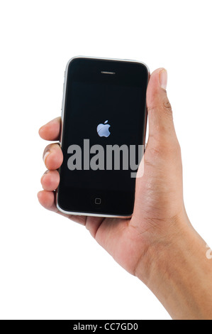 Apple logo on iphone screen startup Stock Photo