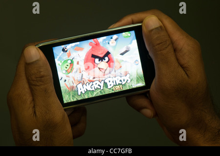 Angry birds game screen in iphone 3gs Stock Photo