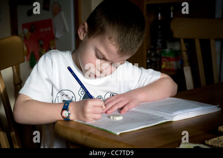 Boy working on his homework,activity, attention, background, boy, busy, careful, caucasian, child, concentrated, desk, diligent, Stock Photo