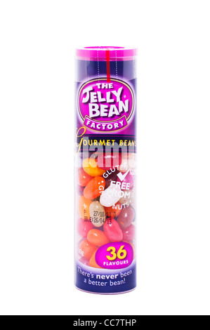A tube of gourmet beans sweets from The Jelly Bean Factory on a white background Stock Photo