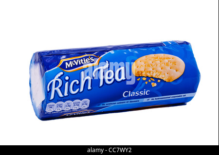 A packet of Mcvitie's rich tea biscuits on a white background Stock Photo