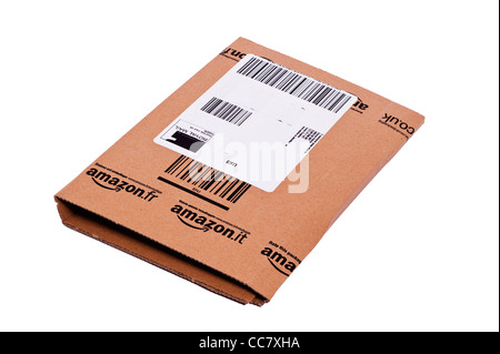 A packet parcel from Amazon online shopping delivered by Royal Mail on a white background Stock Photo