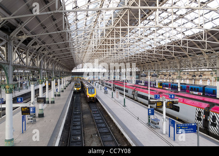 The interior of  Manchester Piccadilly Railway Station, UK, with Platforms and trains