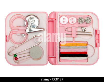 sewing kit, needles, thread in a pink box Stock Photo