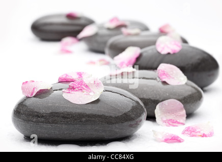 Spa stones with rose petals on white background. Stock Photo