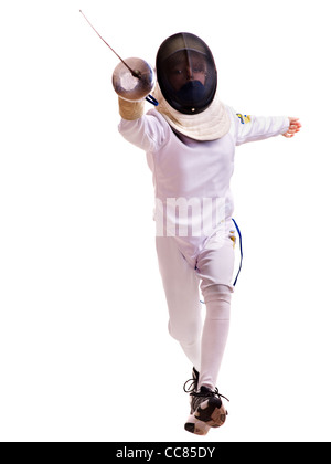 Child epee fencing lunge. Isolated. Stock Photo