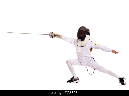 Child epee fencing lunge. Isolated. Stock Photo