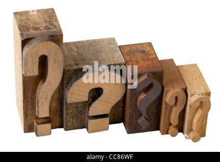 dilemma concept - 5 questions marks in vintage wooden letterpress printing blocks, isolated on white Stock Photo