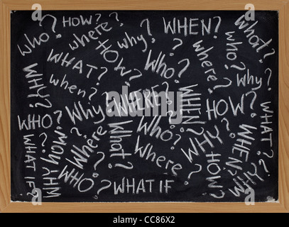 what, when, where, why, how, who questions - white chalk handwriting on ...
