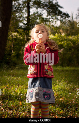 little girl in red jumper with dandelion Stock Photo