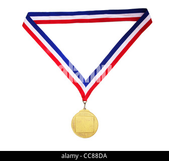 Blank gold medal with tricolor ribbon isolated on white background Stock Photo